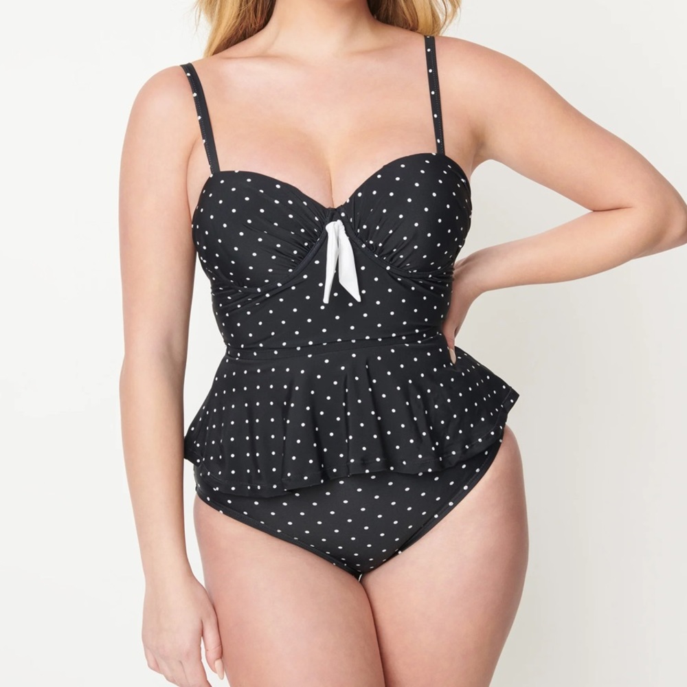 Unique Vintage Black & White Pin Dot Peplum Solana Tankini